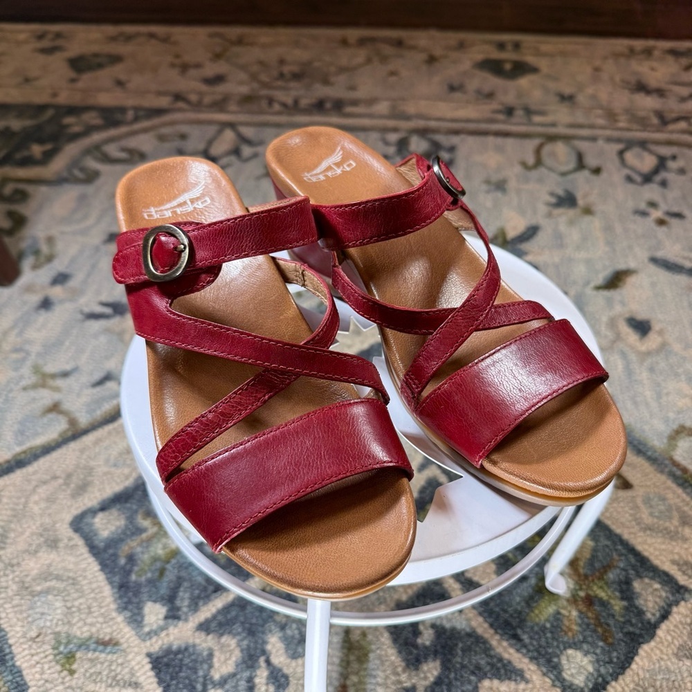 Dansko Red Leather Strappy Slide Sandals